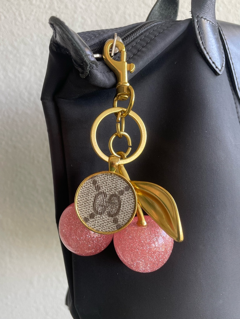 Repurposed Authentic Gucci Canvas on Pink Glitter Cherry Keychain with Gold Hard